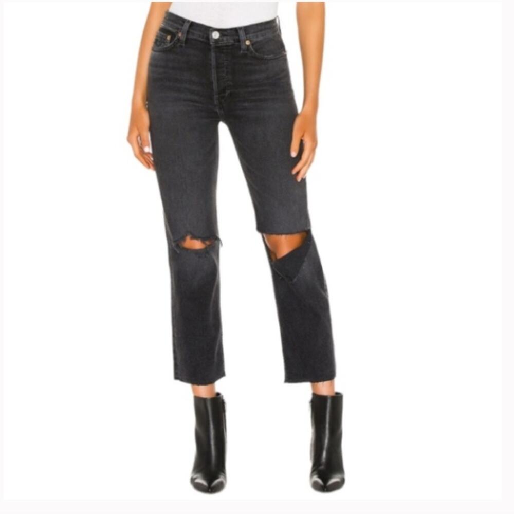 Re/done Originals 70s Stove Pipe Jean In Faded Coal With Rips 32